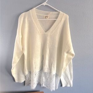 NWT BIBI V-neck Sweater With Love and Lace Distressed Ivory Long Sleeves